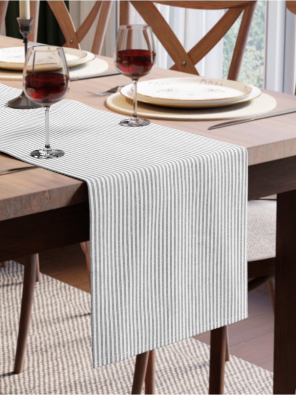 Cotton Dining Table Runner-Ticking Black 13x94”